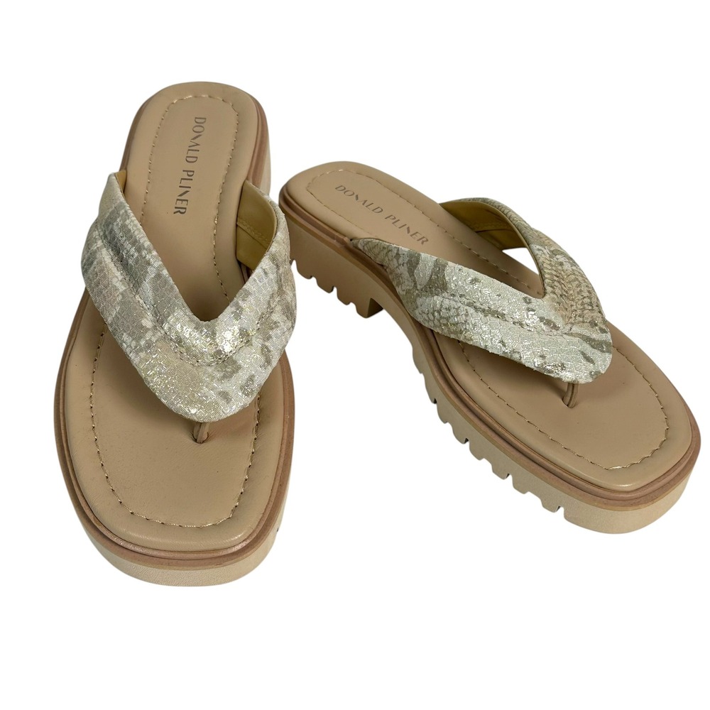 Donald Pliner Sandals Barbera Metallic Snakeskin Platform Thong Tan 8.5 NWOT